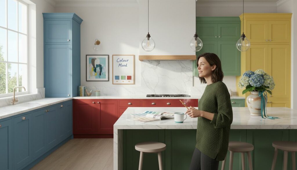 Modern kitchen with colourful resprayed cabinets