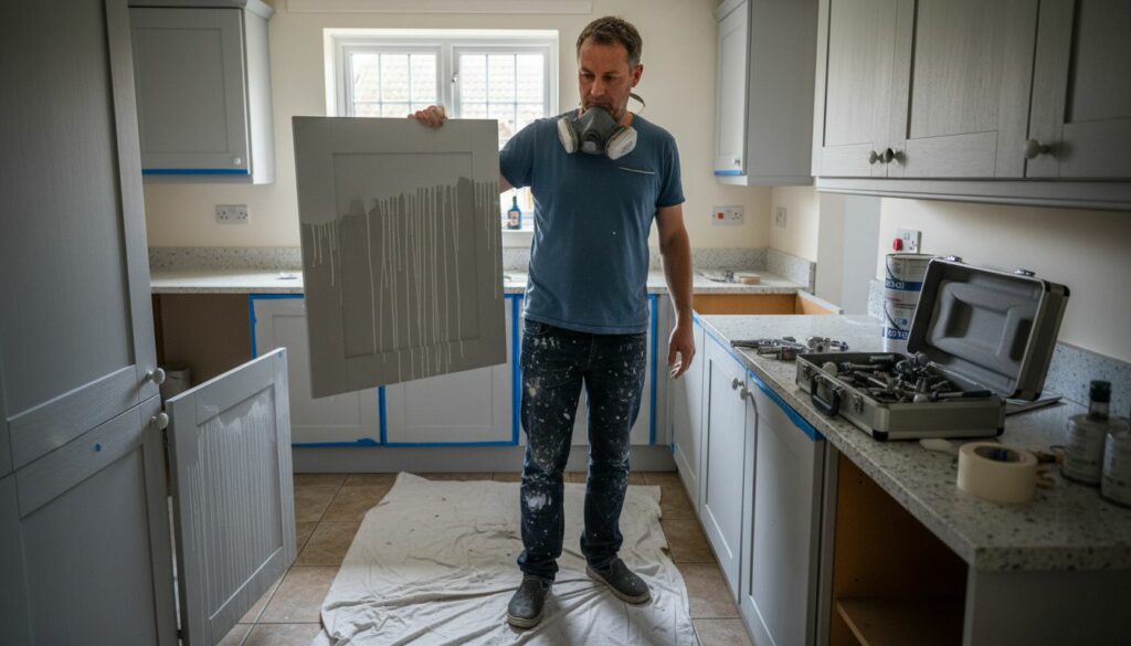 Man inspecting unevenly sprayed UK kitchen cabinet