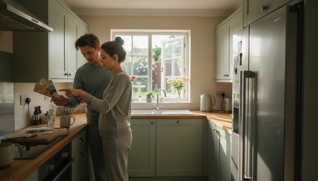 Couple choosing kitchen respray colours in UK home