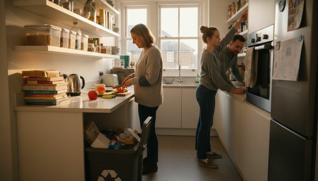Family upgrading kitchen with modern smart features
