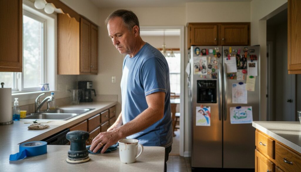 Homeowner cleaning kitchen cabinets before painting