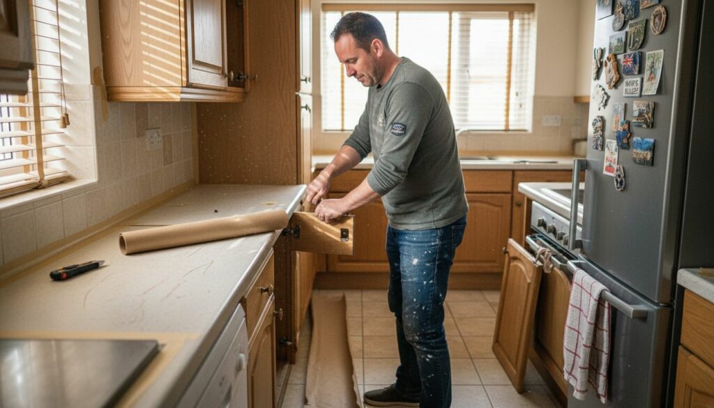 Preparing a real kitchen for cabinet respraying