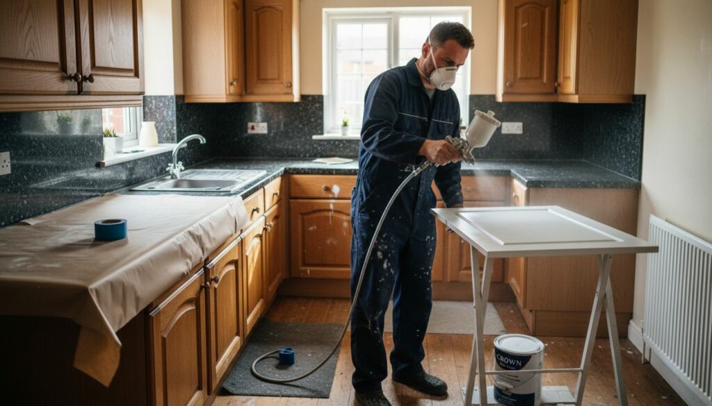 Technician spraying kitchen cabinets in English home