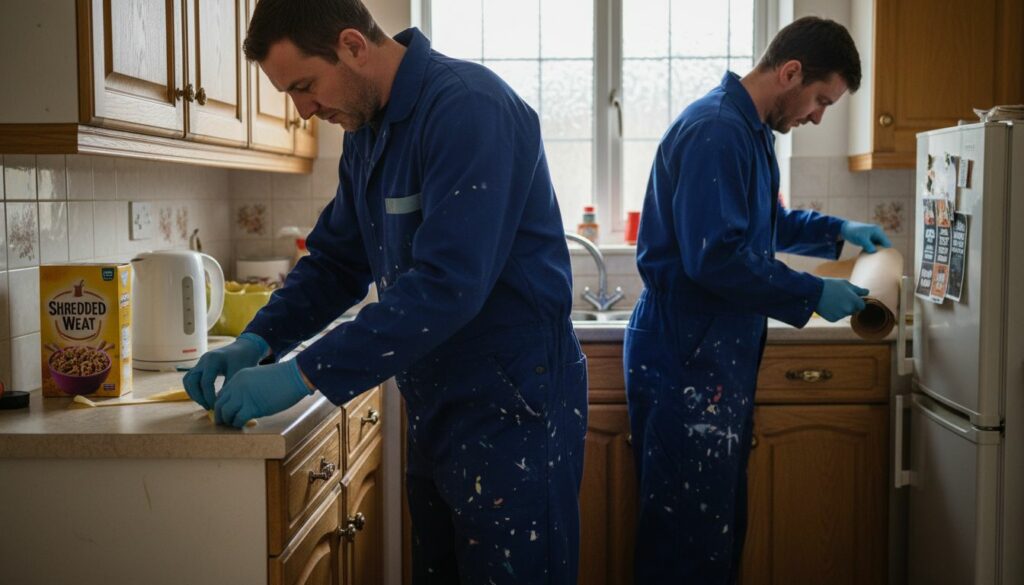 Specialists preparing kitchen cabinets for respray