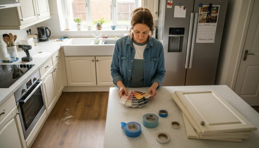 Woman planning kitchen renewal with color swatches