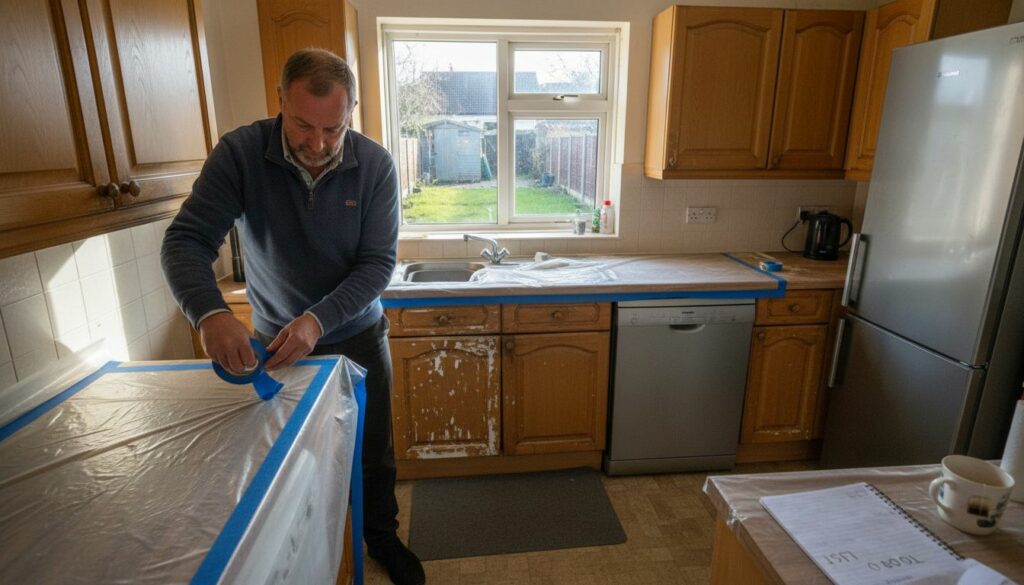 Homeowner preparing kitchen for respray