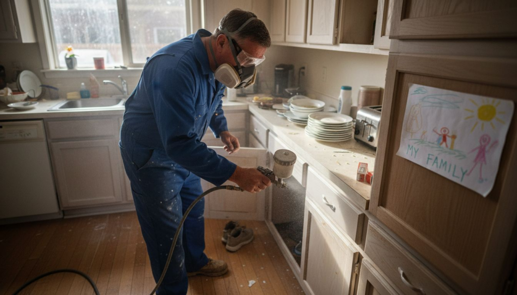 Technician respraying kitchen cabinet on site