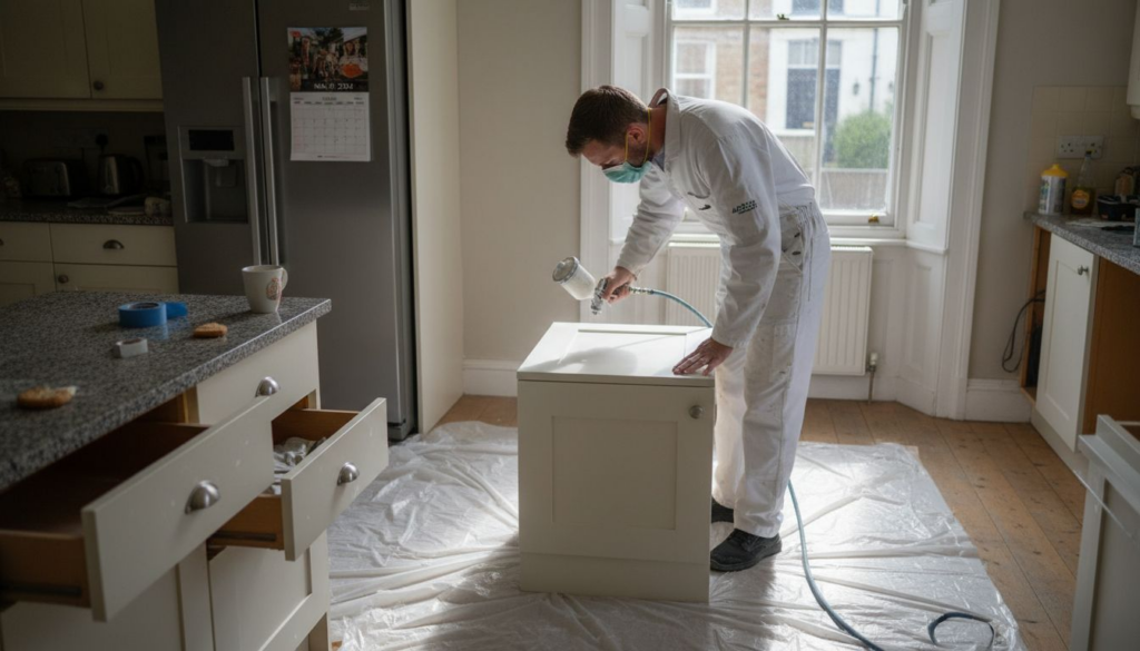 Technician respraying kitchen cabinet door
