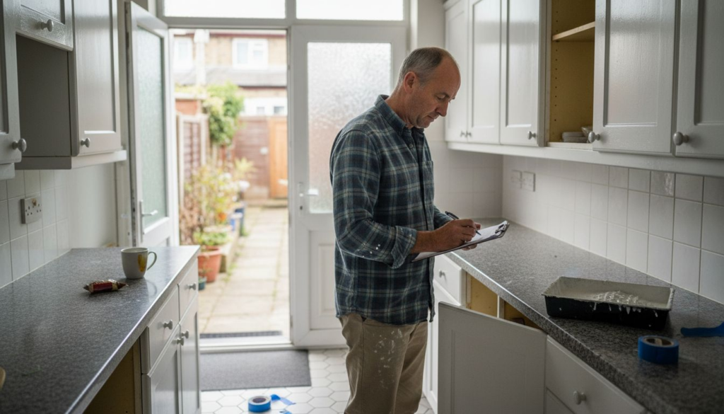 Landlord inspects freshly resprayed rental kitchen