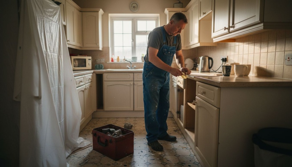 Tradesperson masking cabinets for kitchen respray