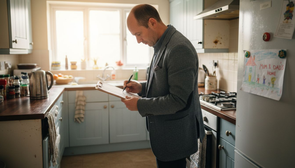 Inspector reviewing kitchen paint safety standards