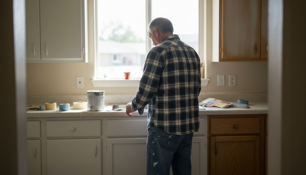 Home kitchen being transformed by respraying