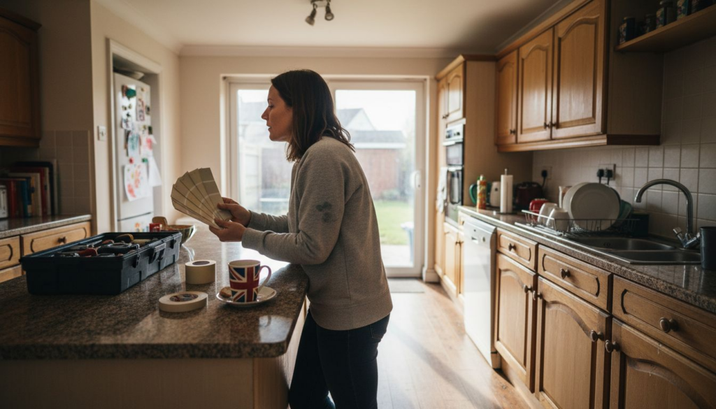 Homeowner in UK kitchen choosing cabinet paint