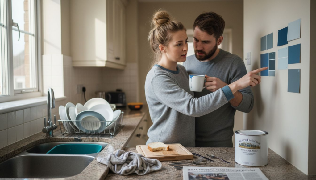 Couple reviewing paint swatches in kitchen