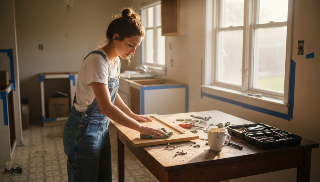 Woman prepares kitchen cabinets for makeover