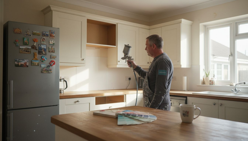 Technician color matching kitchen respray work