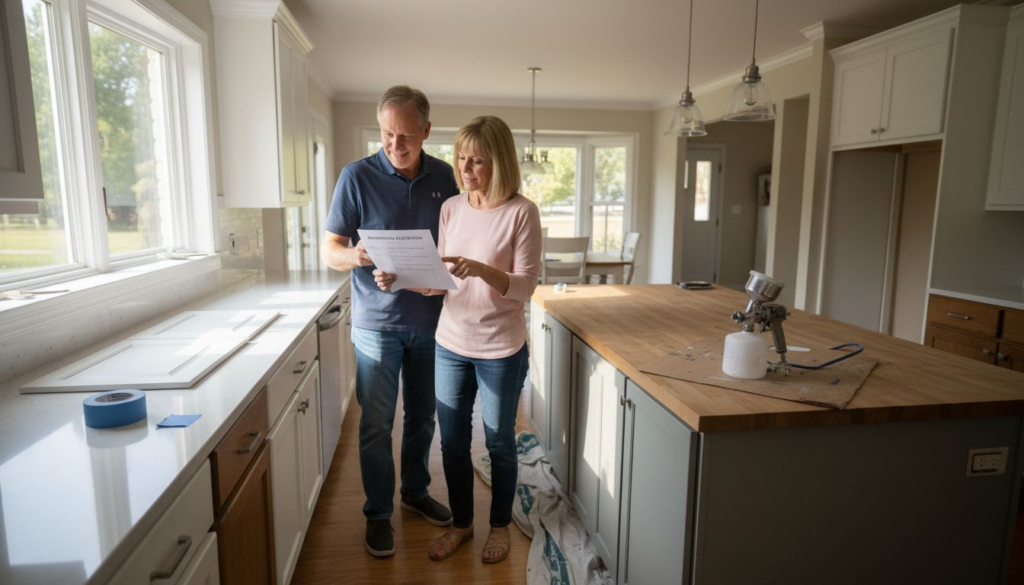 Couple inspecting freshly resprayed kitchen cabinets