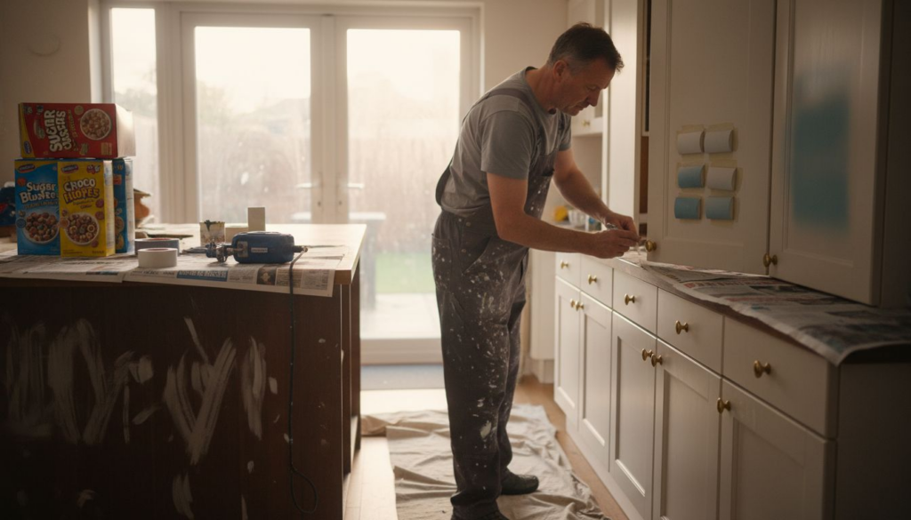 Painter preparing kitchen cabinets for spray painting