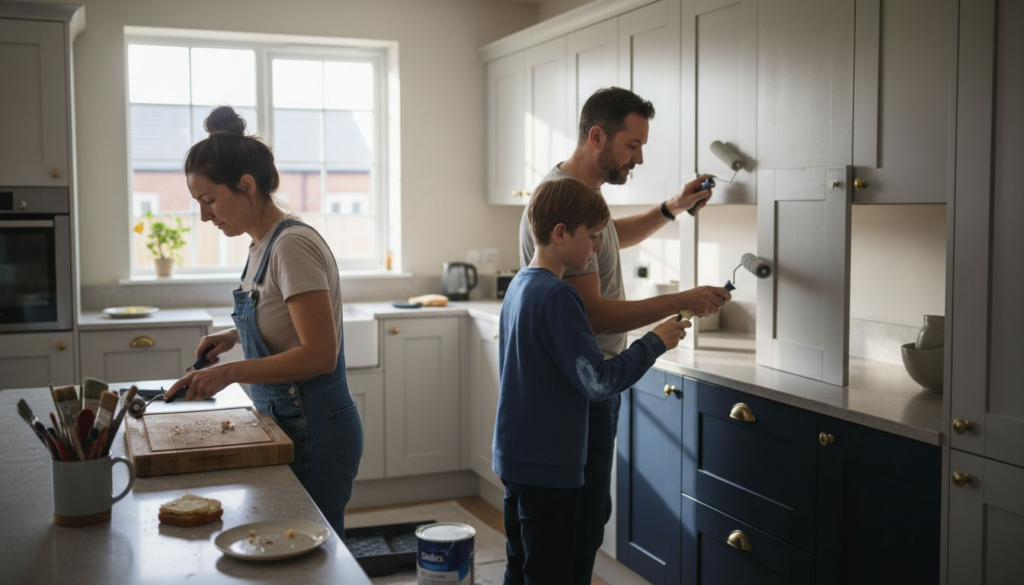 Family painting kitchen cabinets in modern home