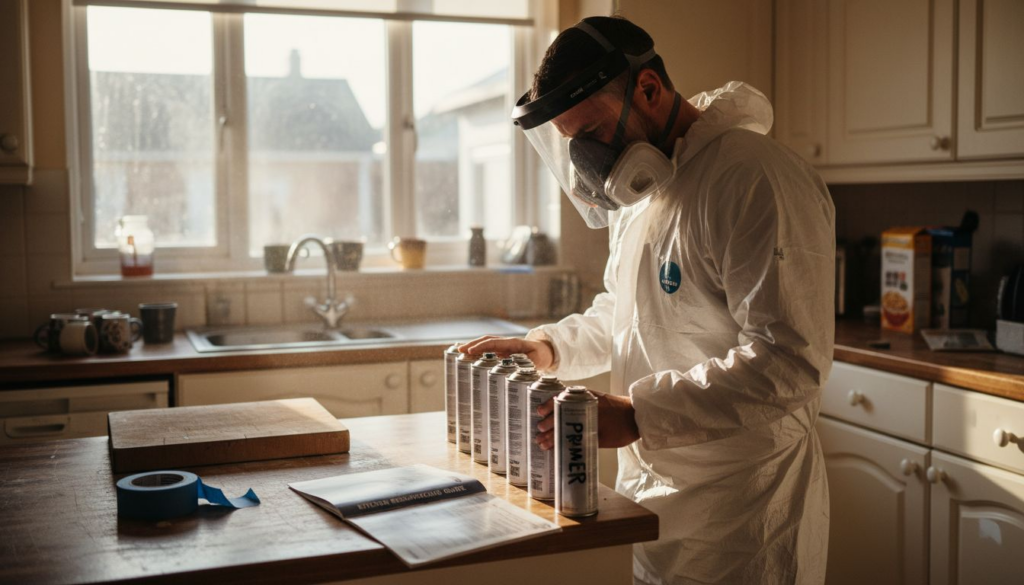 Technician preparing kitchen respray safely