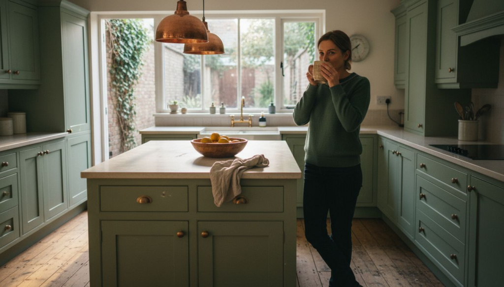 Woman in lived-in English kitchen with sage green cabinets