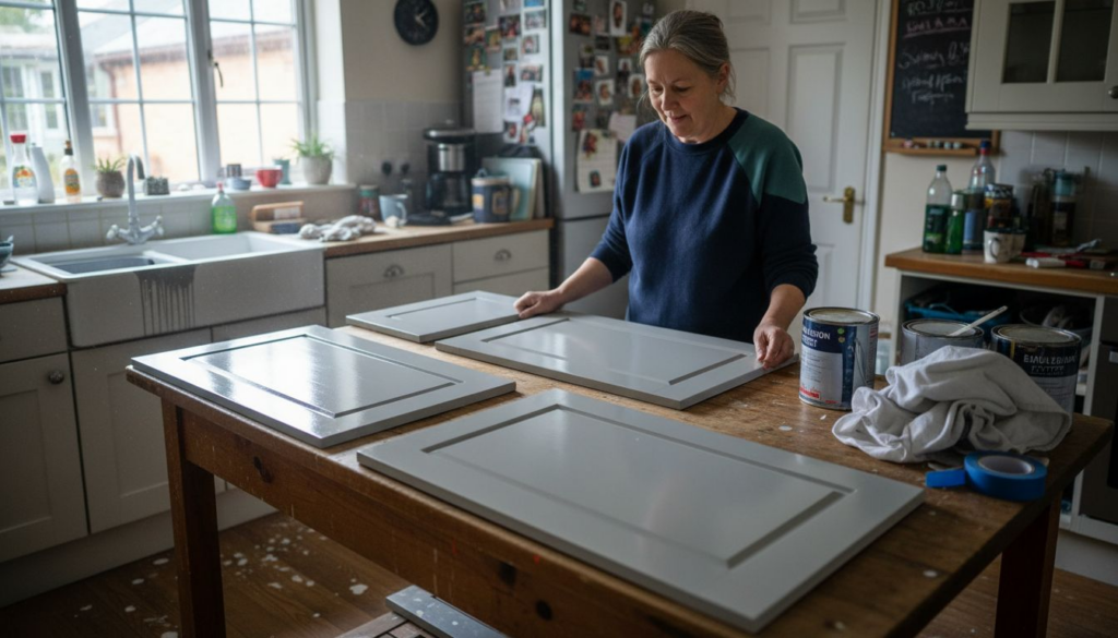 Homeowner inspecting freshly resprayed cabinets