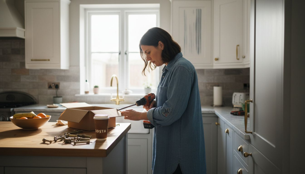 Woman updating kitchen cabinets with new paint and handles