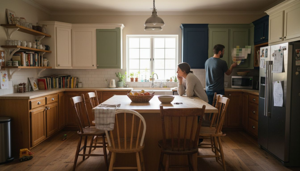 Couple choosing kitchen paint colours in bright family kitchen