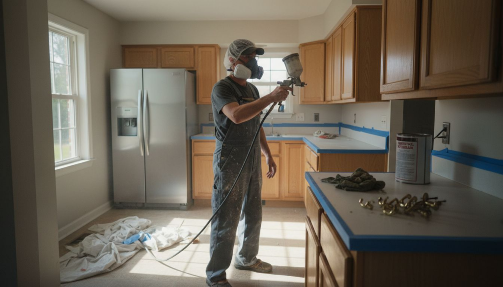 Homeowner preparing kitchen cabinets for spray painting