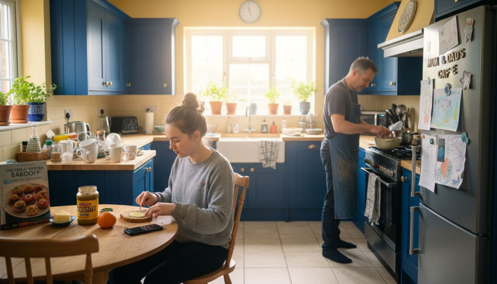 Family cooking in a colourful home kitchen