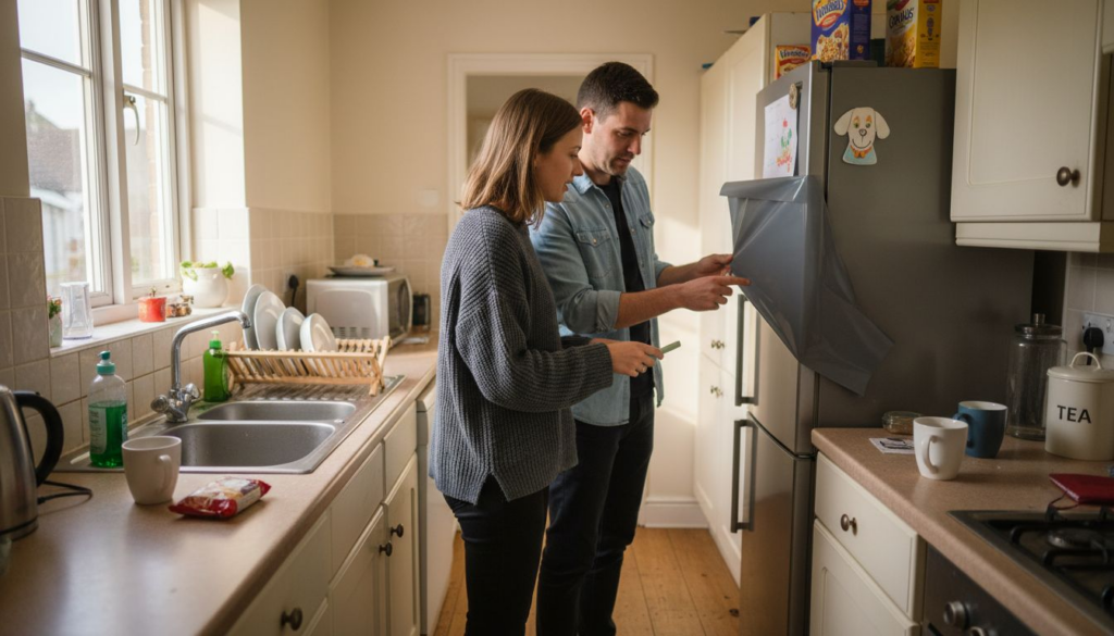 Couple inspects wrapped kitchen cabinets