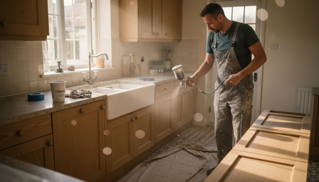 Painter using spray gun on kitchen cabinets