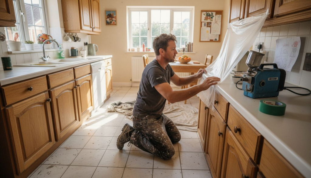 Painter prepping kitchen cabinets for respray