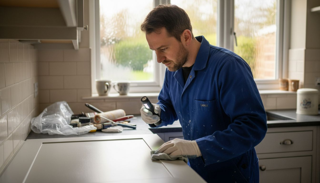 Painter inspecting paint curing in kitchen