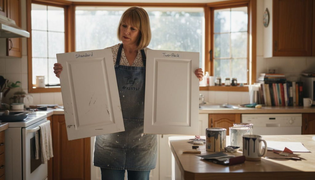 Homeowner comparing kitchen cabinet paint finishes