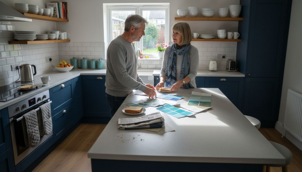 Couple reviewing samples in matte UK kitchen