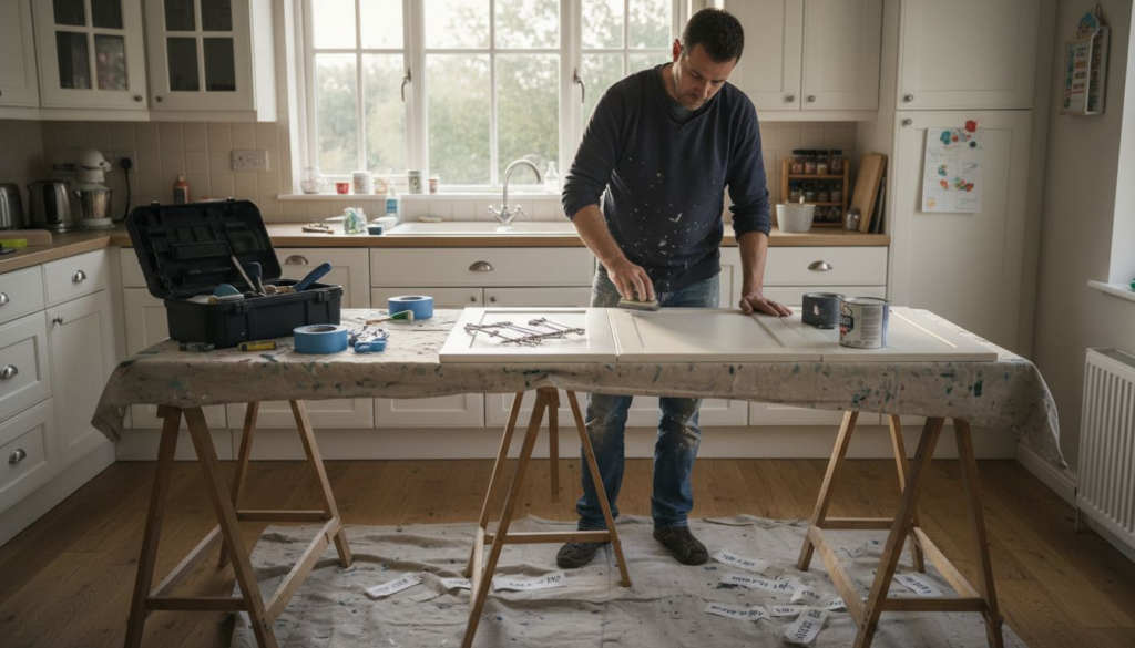Painter preparing kitchen doors for painting