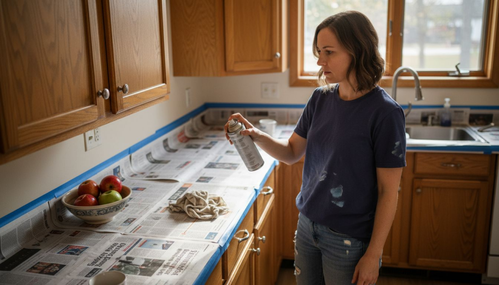 Woman prepping kitchen cabinets for spray paint