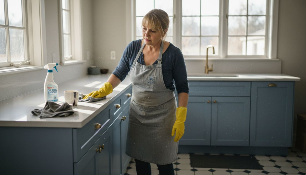Homeowner cleaning resprayed kitchen cabinets