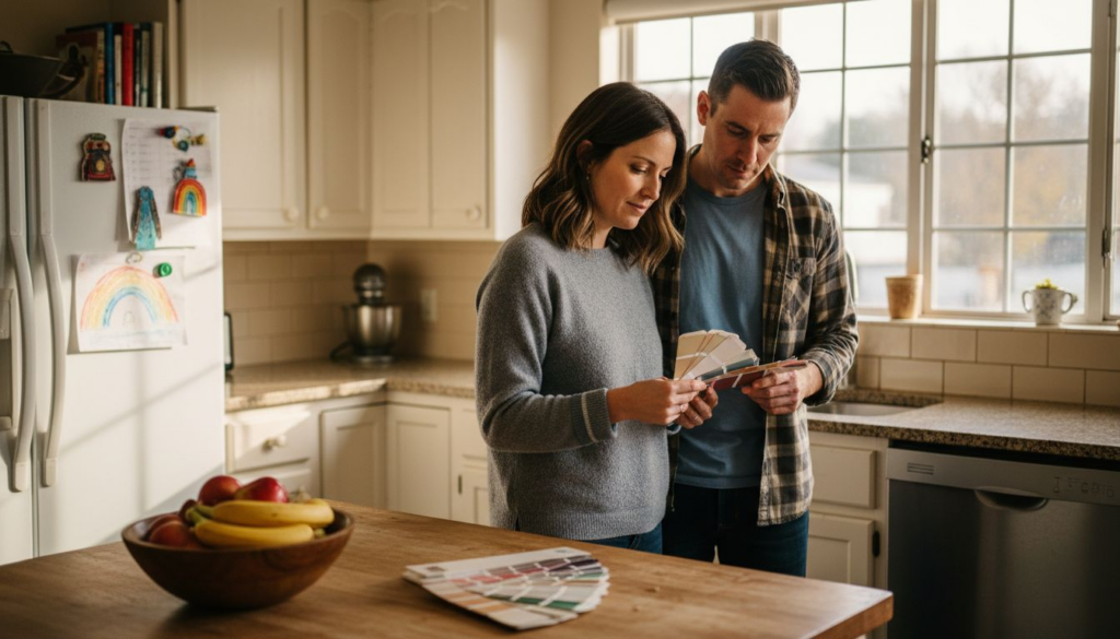 Family choosing kitchen colour swatches