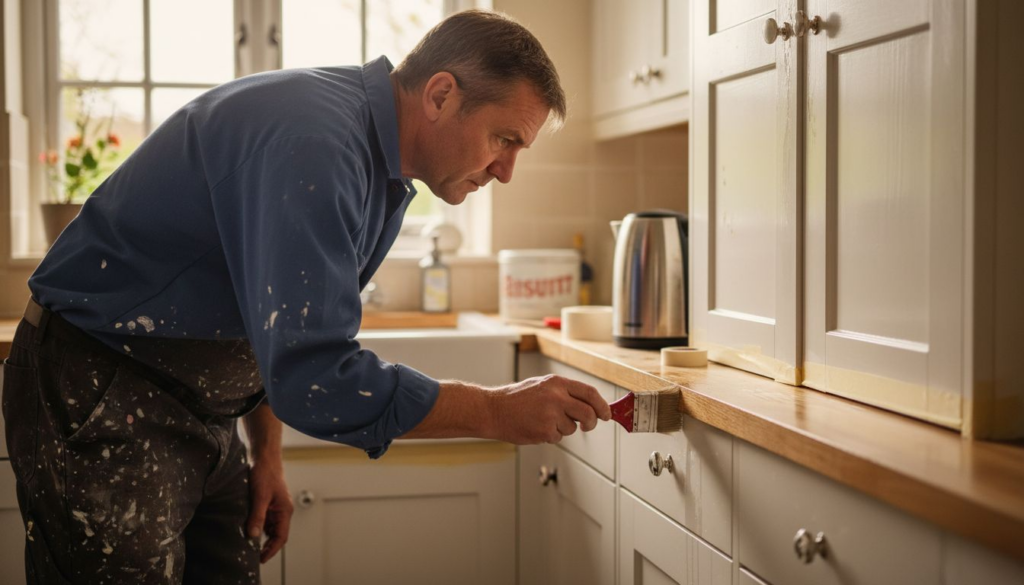 Painter applying gloss to kitchen cabinets