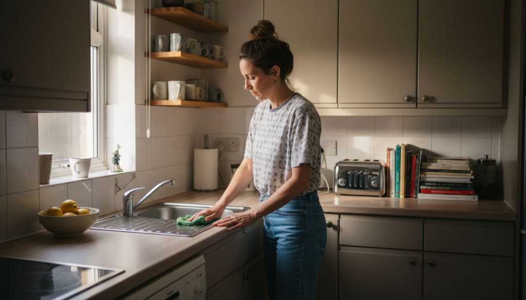 Woman cleaning budget-friendly modern kitchen