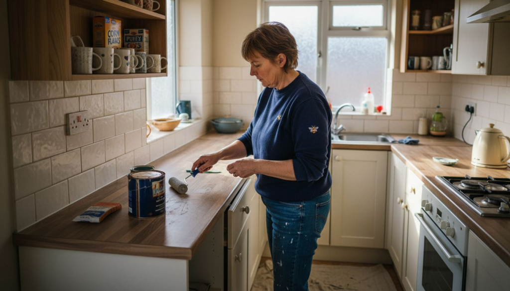 Woman painting cupboards in budget UK kitchen