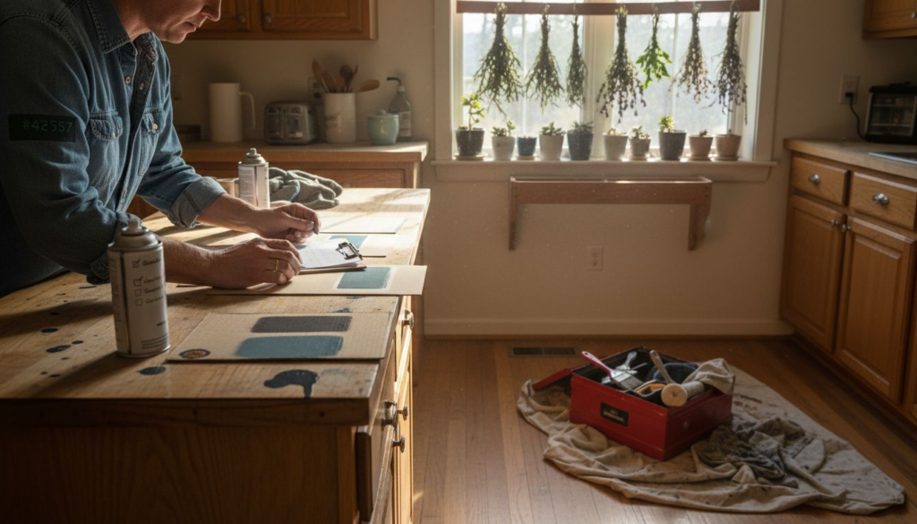 Homeowner choosing spray paint for cabinets