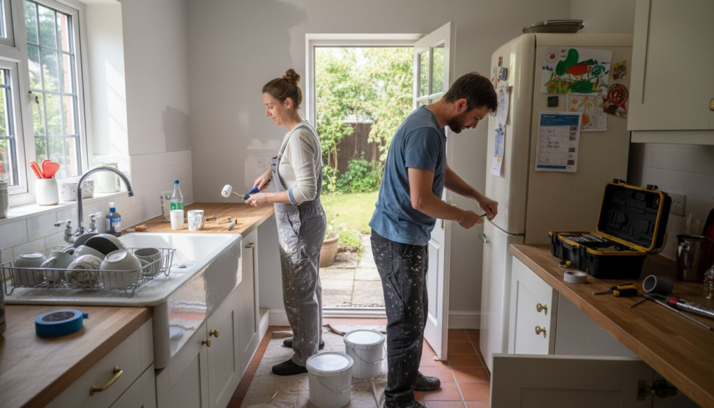 Couple working on DIY kitchen makeover UK home