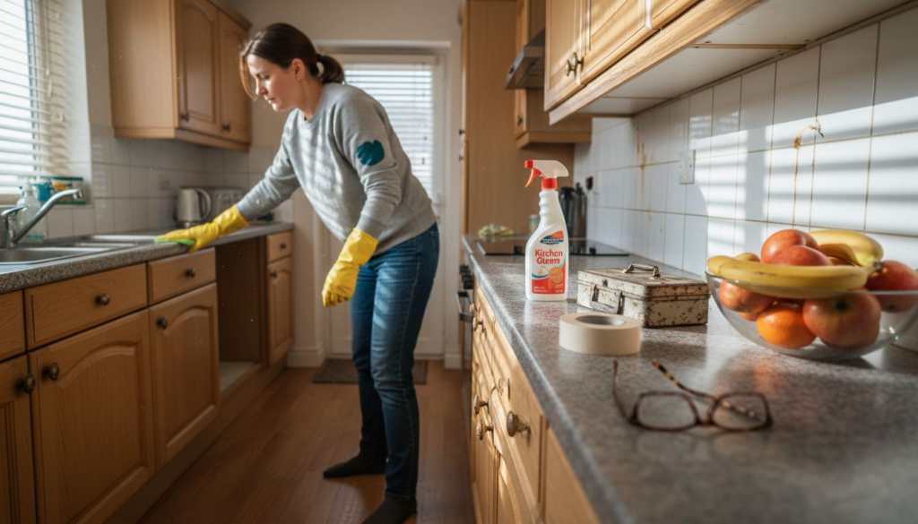 Woman preparing kitchen for respray cleaning cabinets