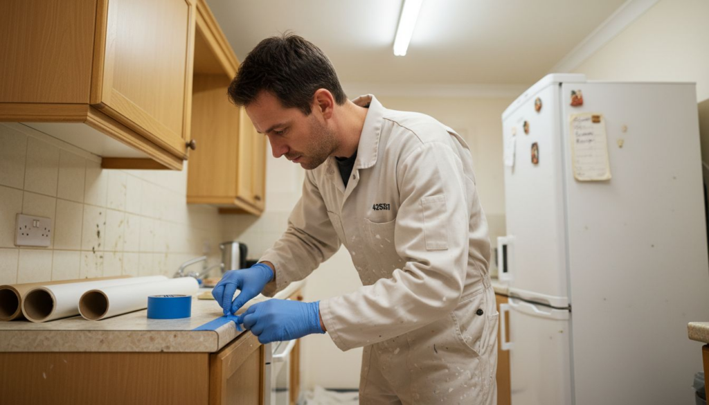 Painter masking cabinet in kitchen respray