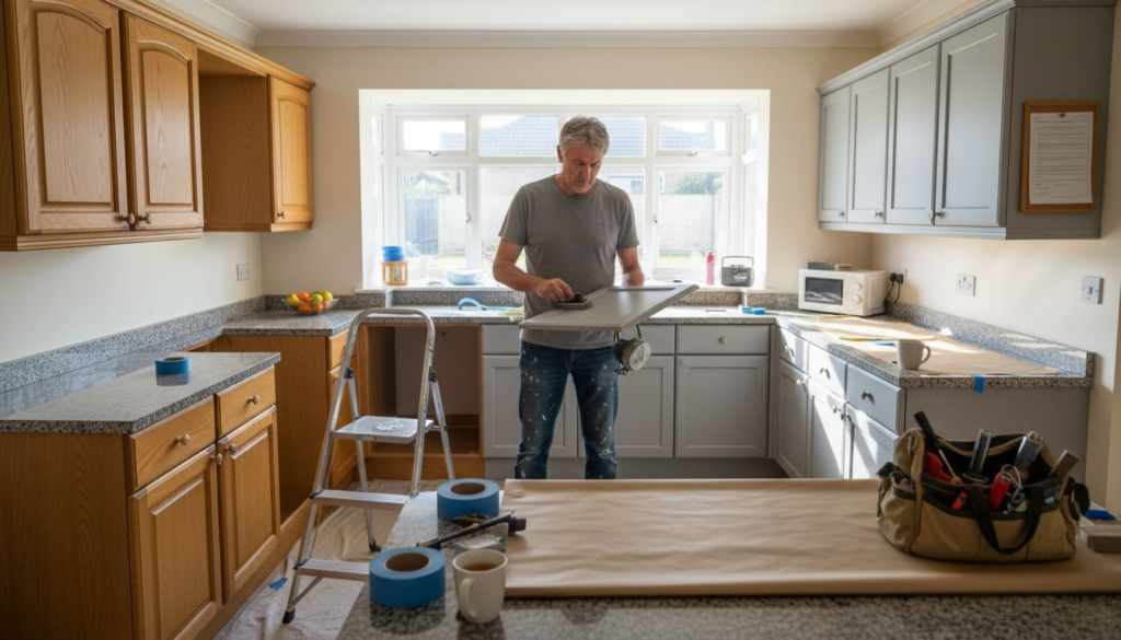 Before and after kitchen cabinet respray scene